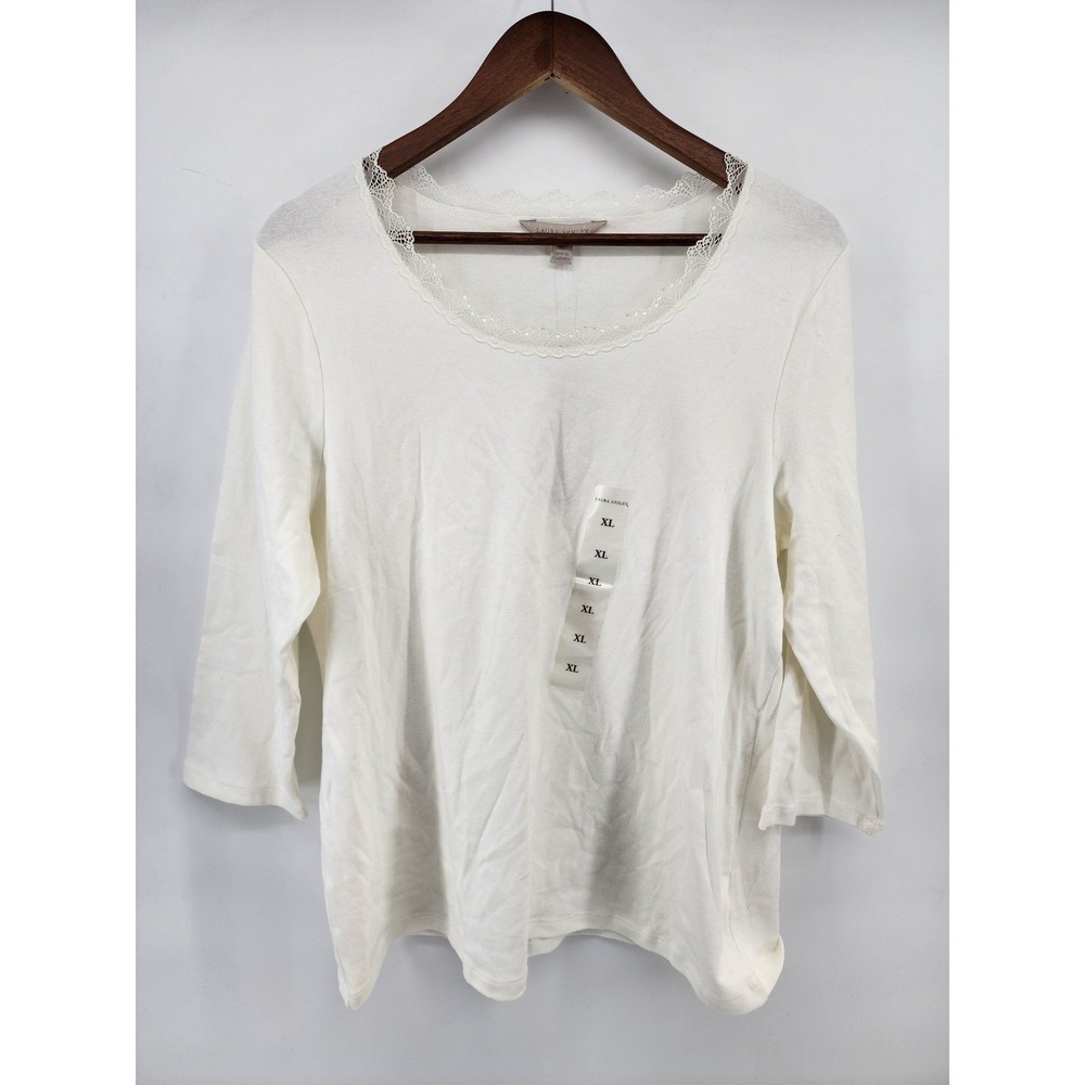 Laura Ashley Womens XL White Lace Trim Scoop Neck 3/4 Sleeve Cotton Blend Top